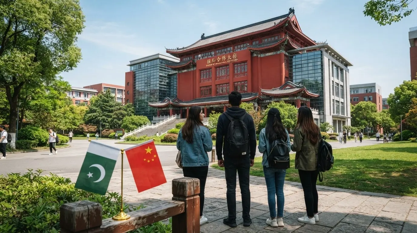 Pakistani students outside a Chinese university, with the Pakistan and China flags in the foreground