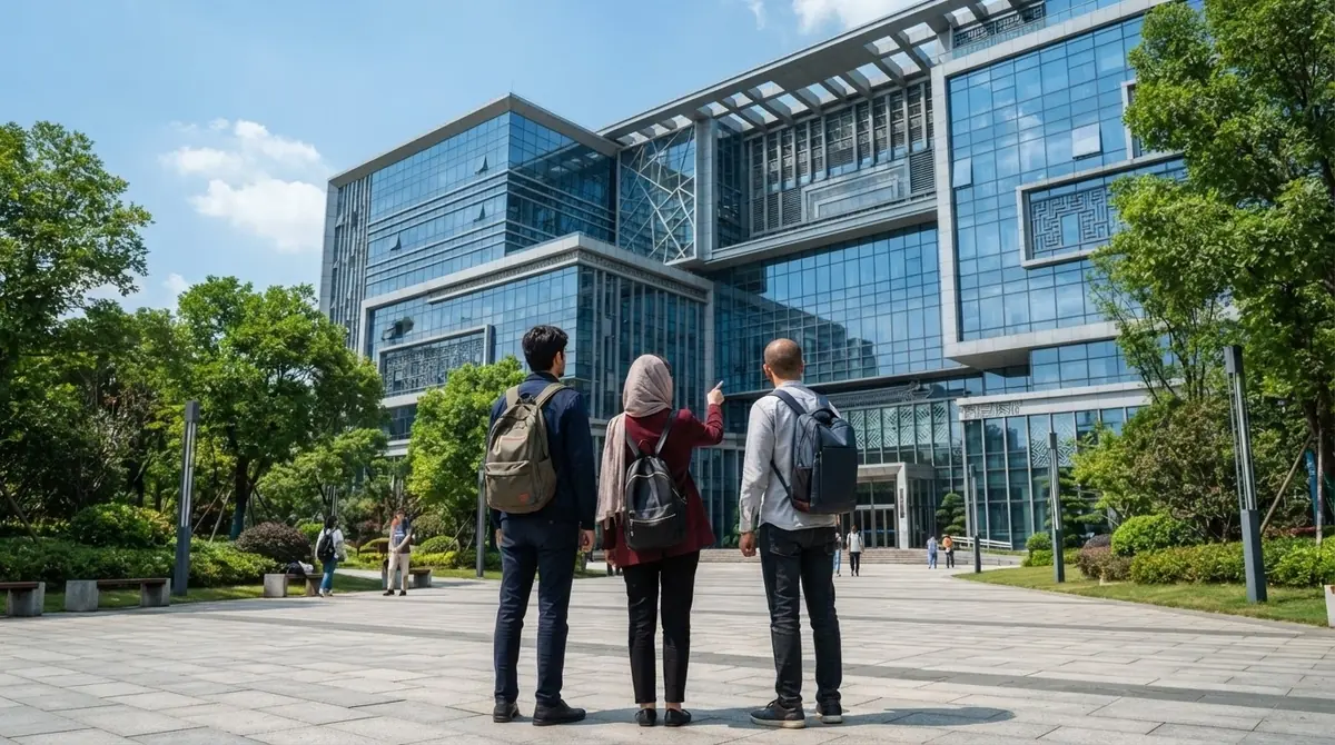 Three students looking up at a Chinese innovation park building