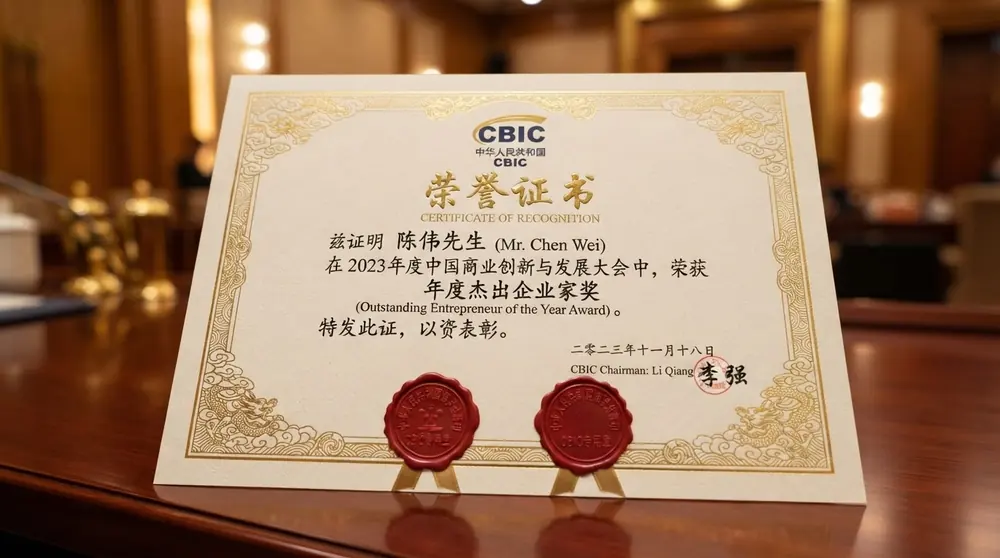 A CBIC Certificate of Recognition with gold border and wax seals