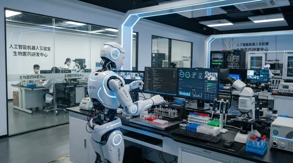 A humanoid robot working in a Chinese AI and biomedical research laboratory